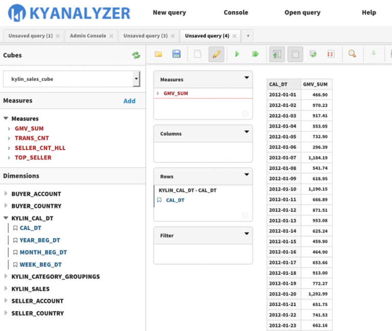 Selection of Dimensions and Measures in Kyligence Analyzer Solution